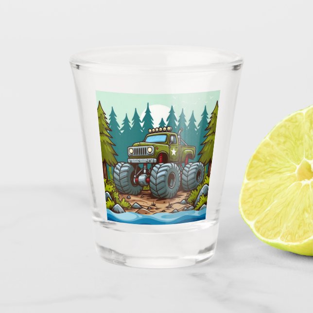 Green Monster Truck in the forest Shot Glass (Front)