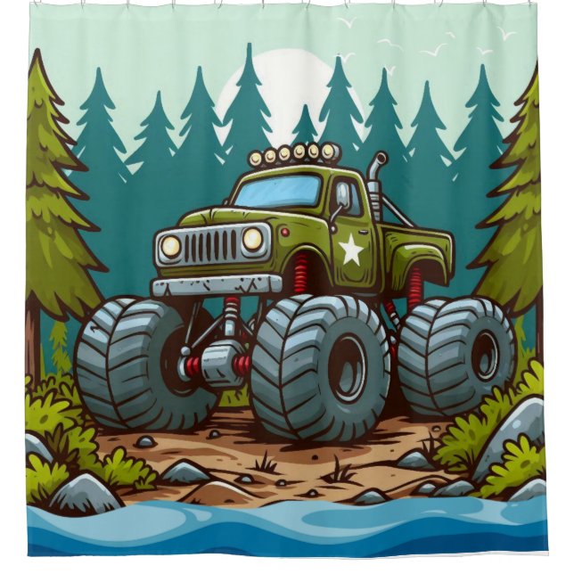 Green Monster Truck in the forest Shower Curtain (Front)