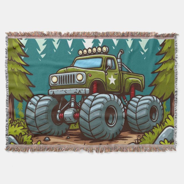 Green Monster Truck in the forest Throw Blanket (Front)