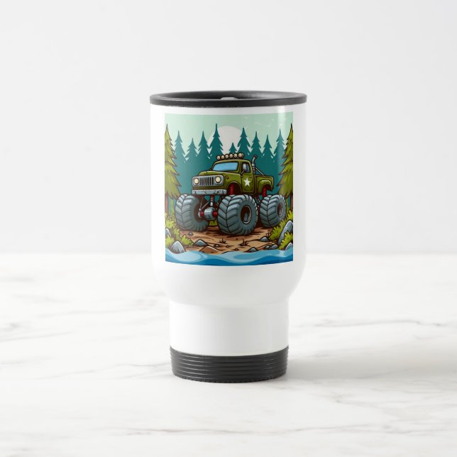 Green Monster Truck in the forest Travel Mug (Center)