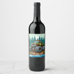 Green Monster Truck in the forest Wine Label