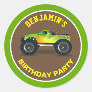 Green Monster Truck Kids Birthday Party Favour Classic Round Sticker