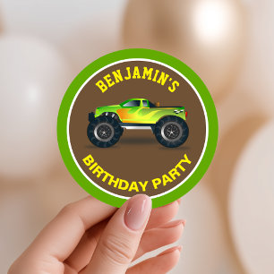Green Monster Truck Kids Birthday Party Favour Classic Round Sticker