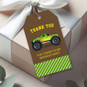 Green Monster Truck Kids Birthday Party Favour Gift Tags