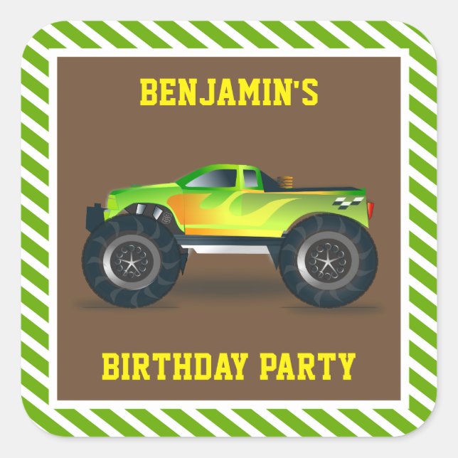 Green Monster Truck Kids Birthday Party Favour Square Sticker (Front)