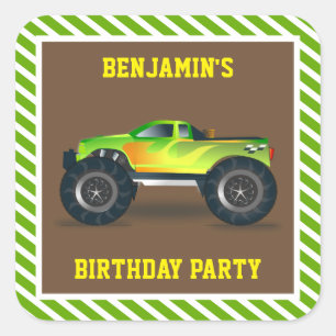 Green Monster Truck Kids Birthday Party Favour Square Sticker