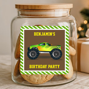 Green Monster Truck Kids Birthday Party Favour Square Sticker