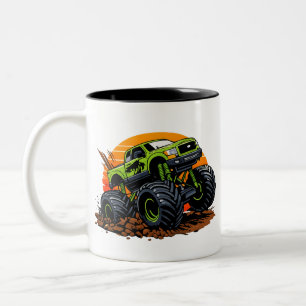 Green Monster Truck Off-Road Racing Illustration Two-Tone Coffee Mug