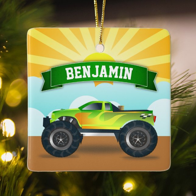 Green Monster Truck Personalised Name Kids Room Ceramic Ornament (Creator Uploaded)
