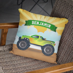 Green Monster Truck Personalised Name Kids Room Cushion