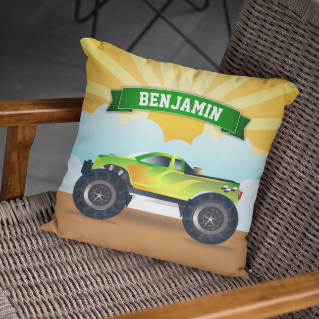 Green Monster Truck Personalised Name Kids Room Cushion (Creator Uploaded)