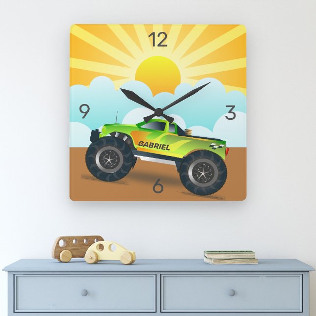 Green Monster Truck Personalised Name Kids Room Square Wall Clock (Creator Uploaded)