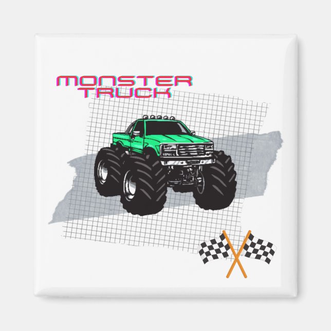 Green Monster Truck Square Magnet (Front)