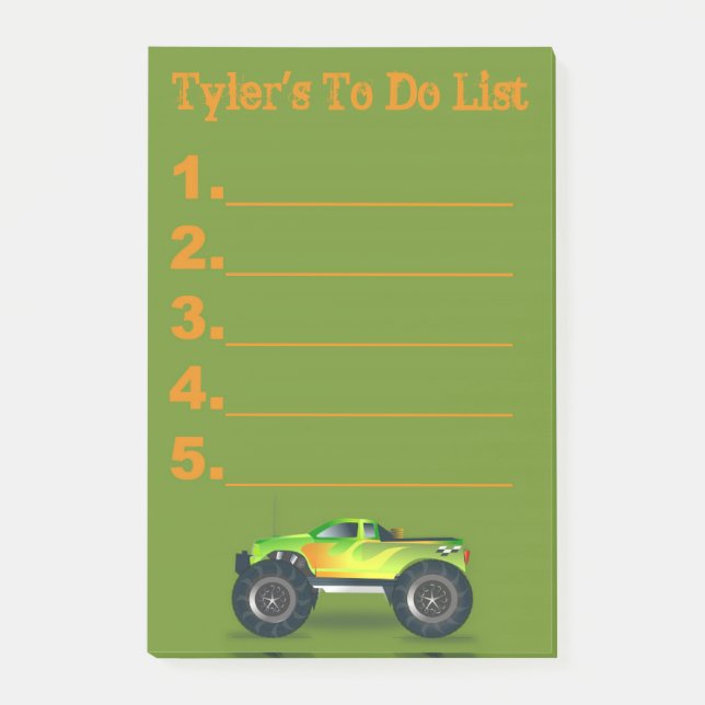 Green Monster Truck To Do List Post It Notes (Front)