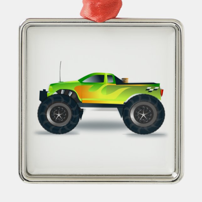 Green Monster Truck with Flames Painted On Side Metal Tree Decoration (Front)
