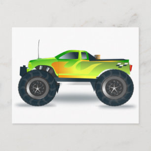 Green Monster Truck with Flames Painted On Side Postcard