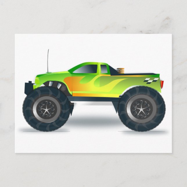 Green Monster Truck with Flames Painted On Side Postcard (Front)