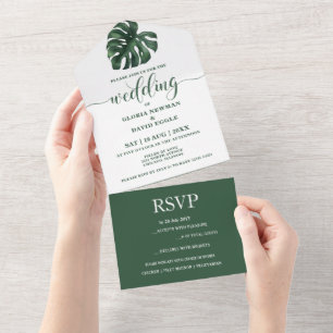 Green Monstera Leaf All in One Wedding Invite