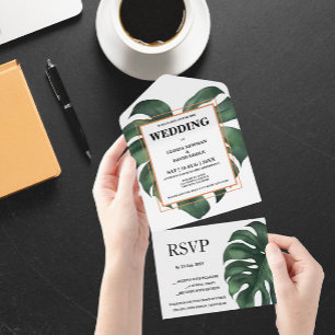 Green Monstera Leaf All in One Wedding Invite