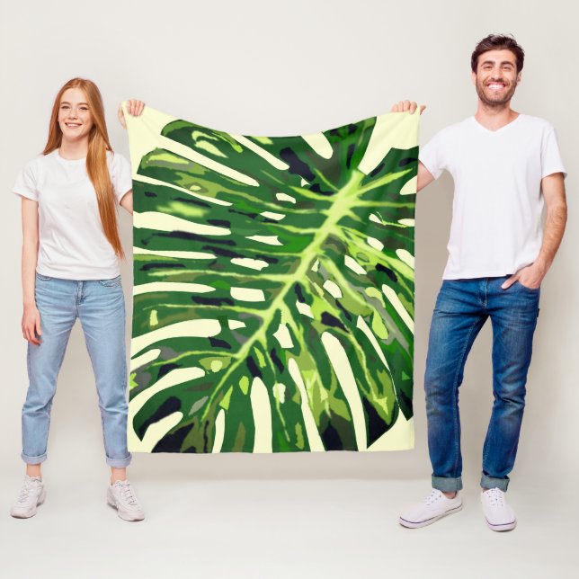Green Monstera Leaf Fleece Blanket - Choose Colour (In Situ)
