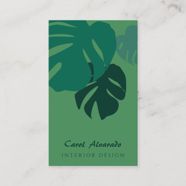 Green Monstera Leaf Interior Design Business Card (Front)