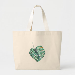 Green monstera leaf palm tropical large tote bag