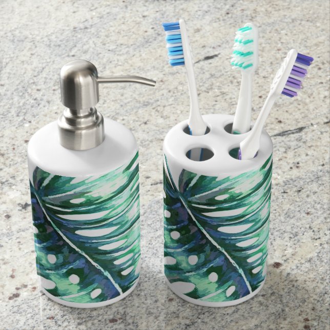 Green monstera leaf palm tropical soap dispenser and toothbrush holder (Front)