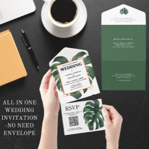 Green Monstera Leaf QR Code All In One Invitation