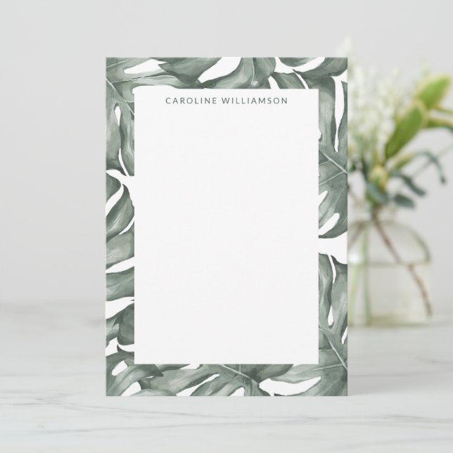Green Monstera Leaf Watercolor Botanical Name Card (Standing Front)