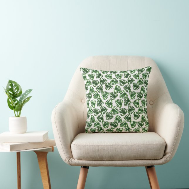 Green monstera leaf watercolor cushion (Chair)