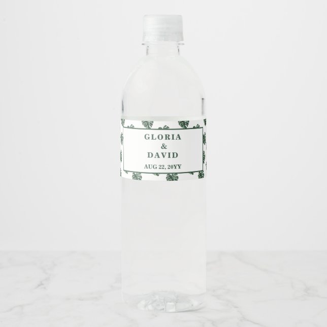 Green Monstera Leaf  Wedding  Water Bottle Label (Front)