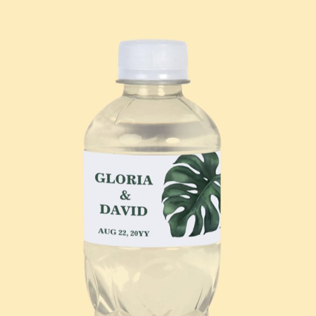 Green Monstera Leaf  Wedding  Water Bottle Label (Creator Uploaded)