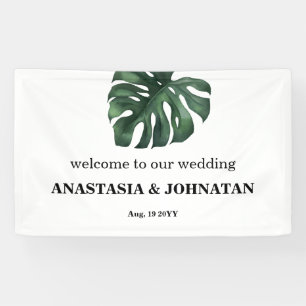 Green Monstera Leaf Wedding Welcome Banner