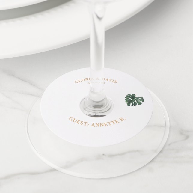 Green Monstera Leaf  Wedding   Wine Glass Tag (Close Up)