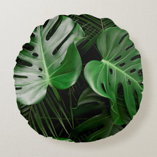 Green monstera leaves and palm leaves round cushion (Front)