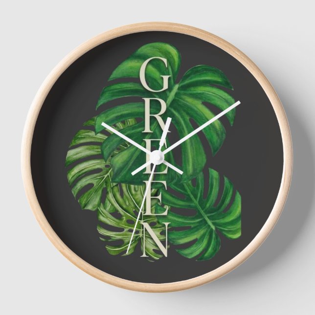 Green Monstera Leaves Clock (Front)