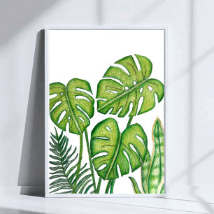Green Monstera Leaves Drawing Coloured Pencil Art Poster