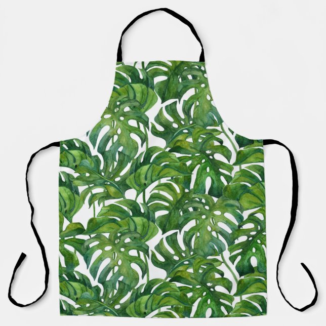 Green Monstera Leaves Tropical Seamless Apron (Front)
