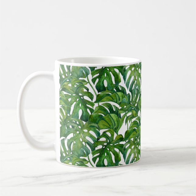 Green Monstera Leaves Tropical Seamless Coffee Mug (Left)