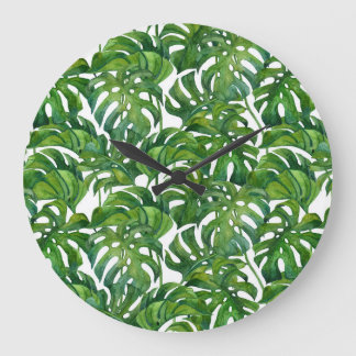 Green Monstera Leaves Tropical Seamless Large Clock