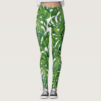 Green Monstera Leaves Tropical Seamless Leggings