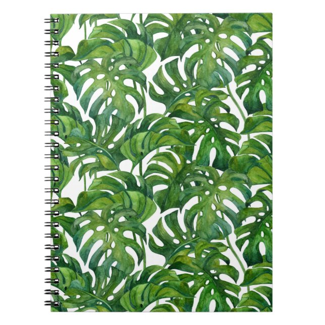 Green Monstera Leaves Tropical Seamless Notebook (Front)