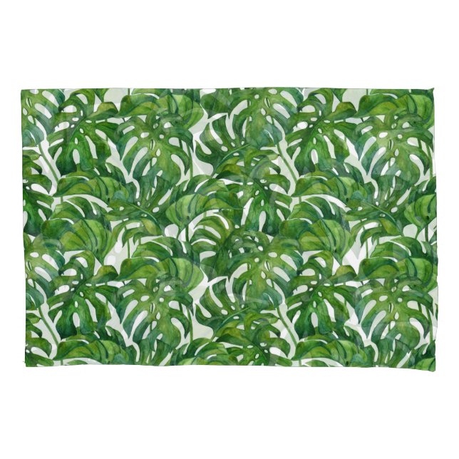 Green Monstera Leaves Tropical Seamless Pillowcase (Front)