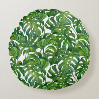 Green Monstera Leaves Tropical Seamless Round Cushion