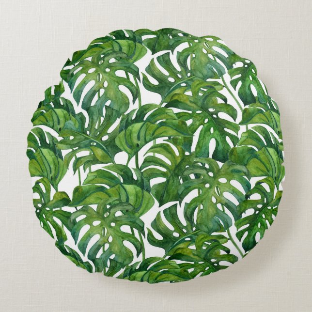 Green Monstera Leaves Tropical Seamless Round Cushion (Front)
