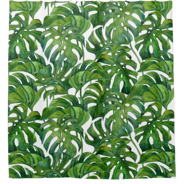 Green Monstera Leaves Tropical Seamless Shower Curtain (Front)