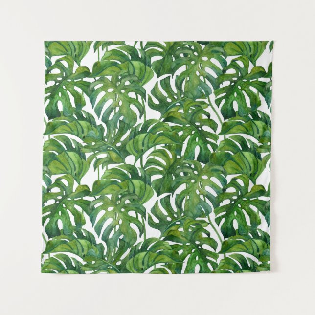 Green Monstera Leaves Tropical Seamless Tapestry (Front)