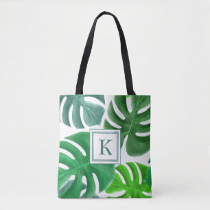 Green Monstera Plant Leaves Pattern Monogrammed Tote Bag