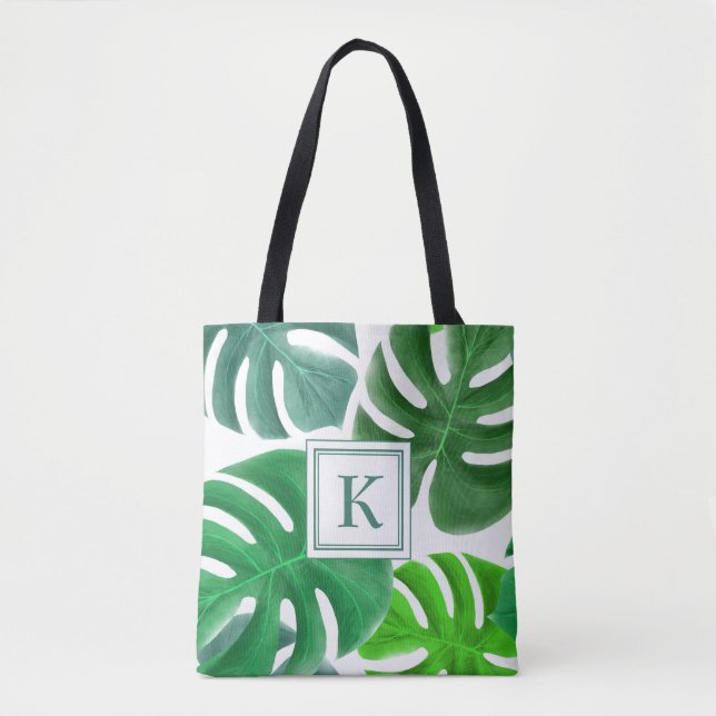 Green Monstera Plant Leaves Pattern Monogrammed Tote Bag (Front)
