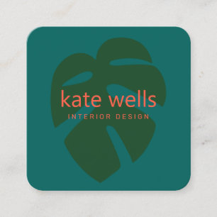 Green Monstera Tropical Leaf Logo Interior Design Square Business Card